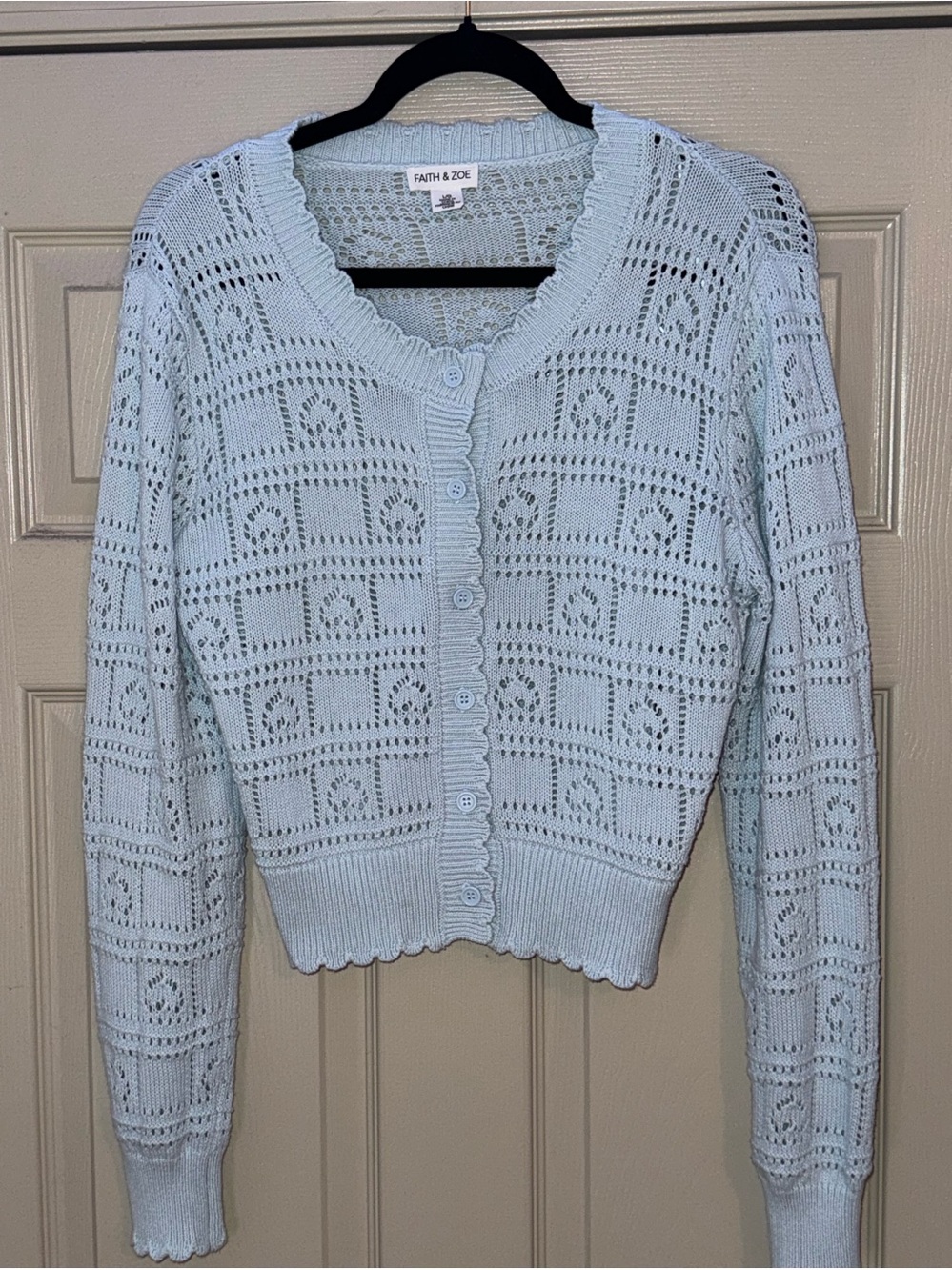 Faith & Zoe Light Blue Open-Knit Button Front Cardigan Sweater🩵